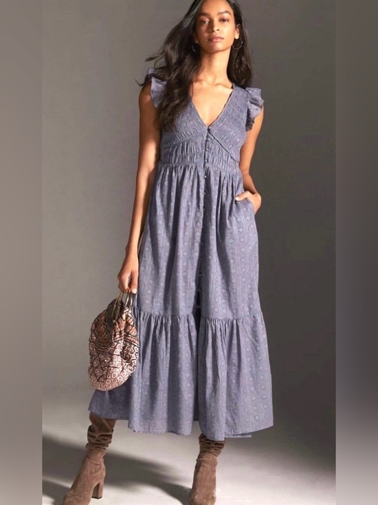 Anthropologie Dresses & Skirts - Anthropologie The Peregrine Smocked Midi Dress | Steel Blue | Size L